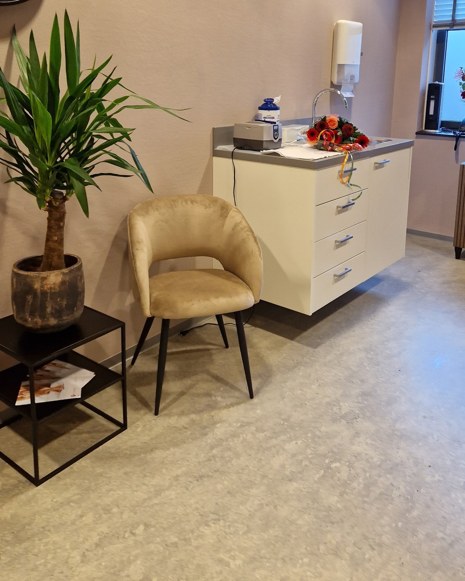 De wachthoek met een fluwelen stoel, een grote plant en een wastafel met bloemen
